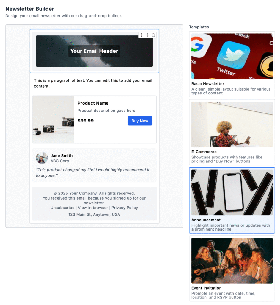 Drag-and-drop newsletter builder inside the email marketing simulator with editable text, image, and button blocks.
